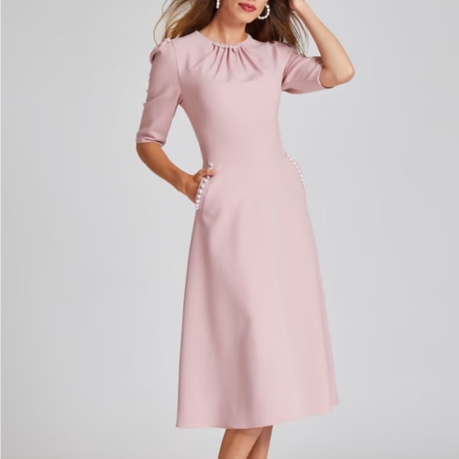 Teri Jon Elegant Pink Midi Dress With Pearl Detailing